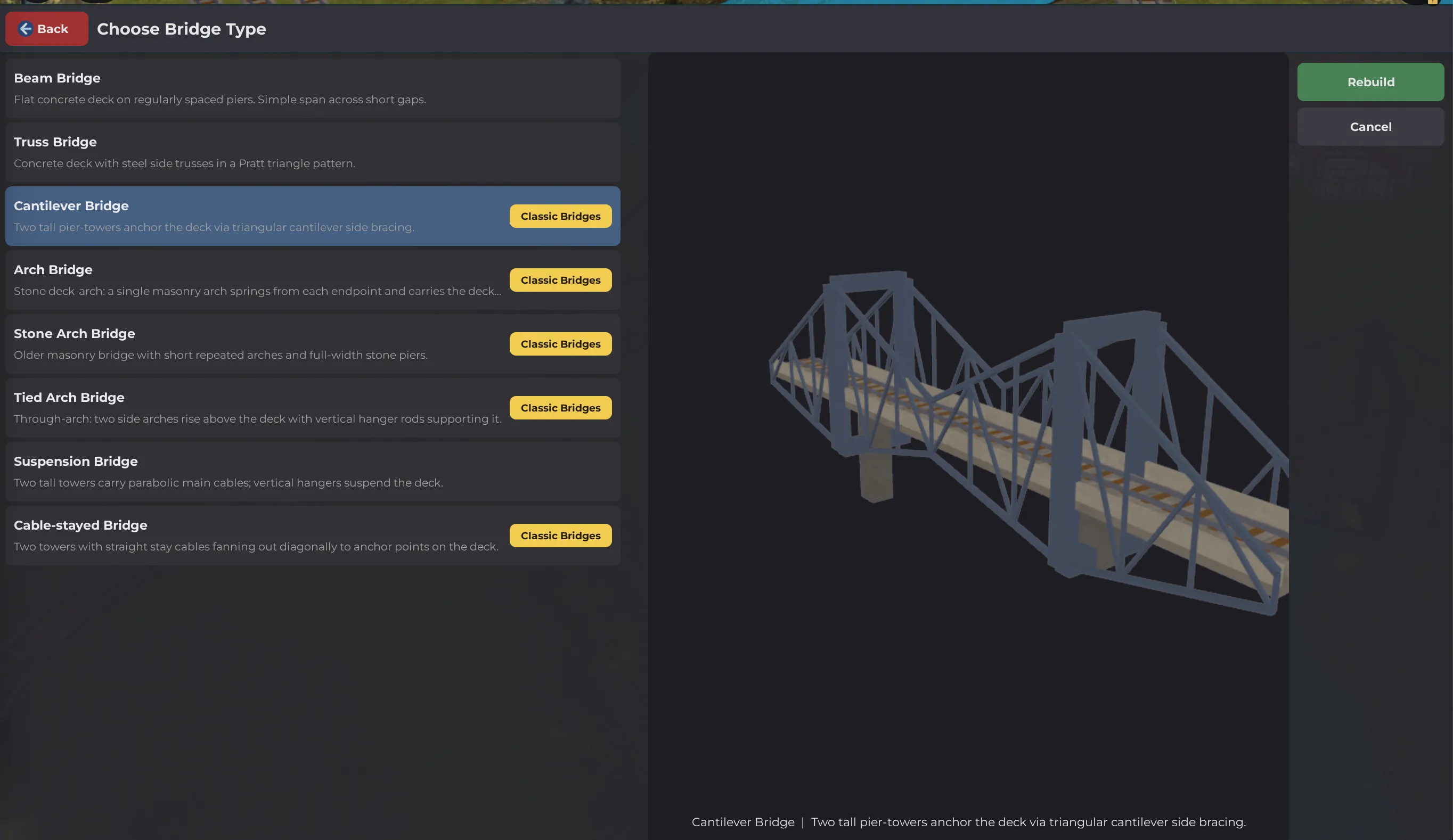 The Choose Bridge Type screen with the eight bridge styles and a 3D cantilever bridge preview