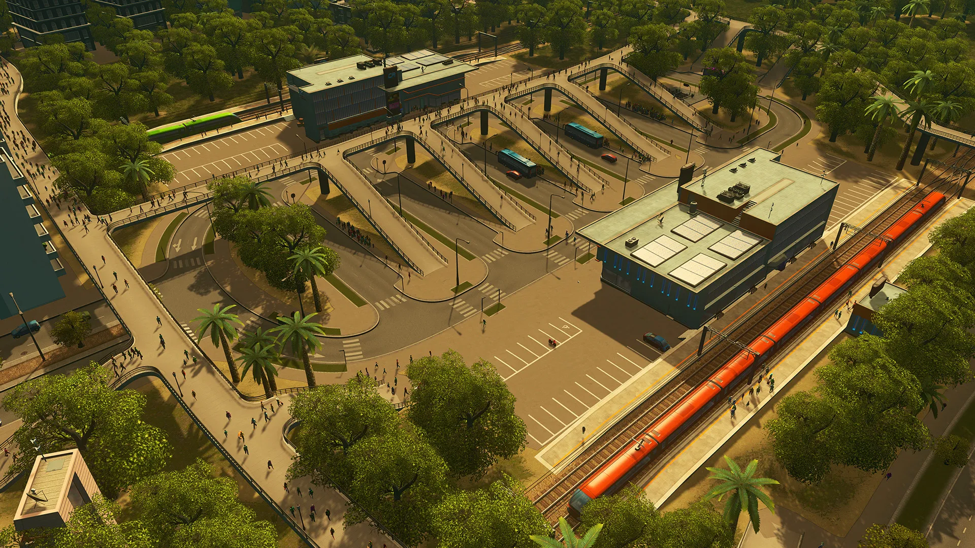 A Cities: Skylines railway station with a red train at the platform, a bus terminal and a car park beside it