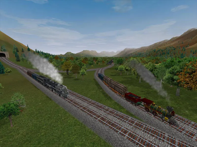 Two steam trains climbing a wooded valley in Railroad Tycoon 3, one heading into a tunnel