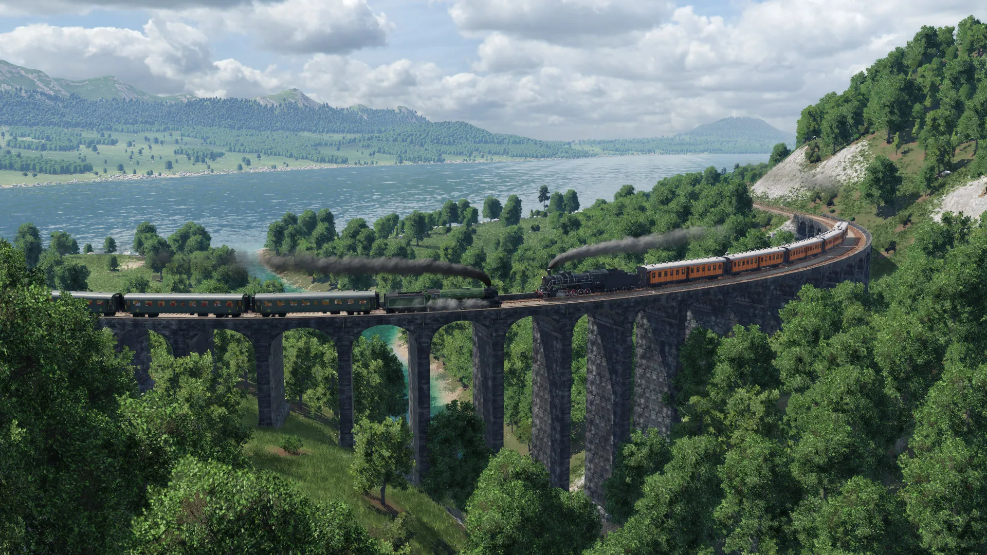 A steam train crossing a stone viaduct above a wooded lake valley in Transport Fever 2