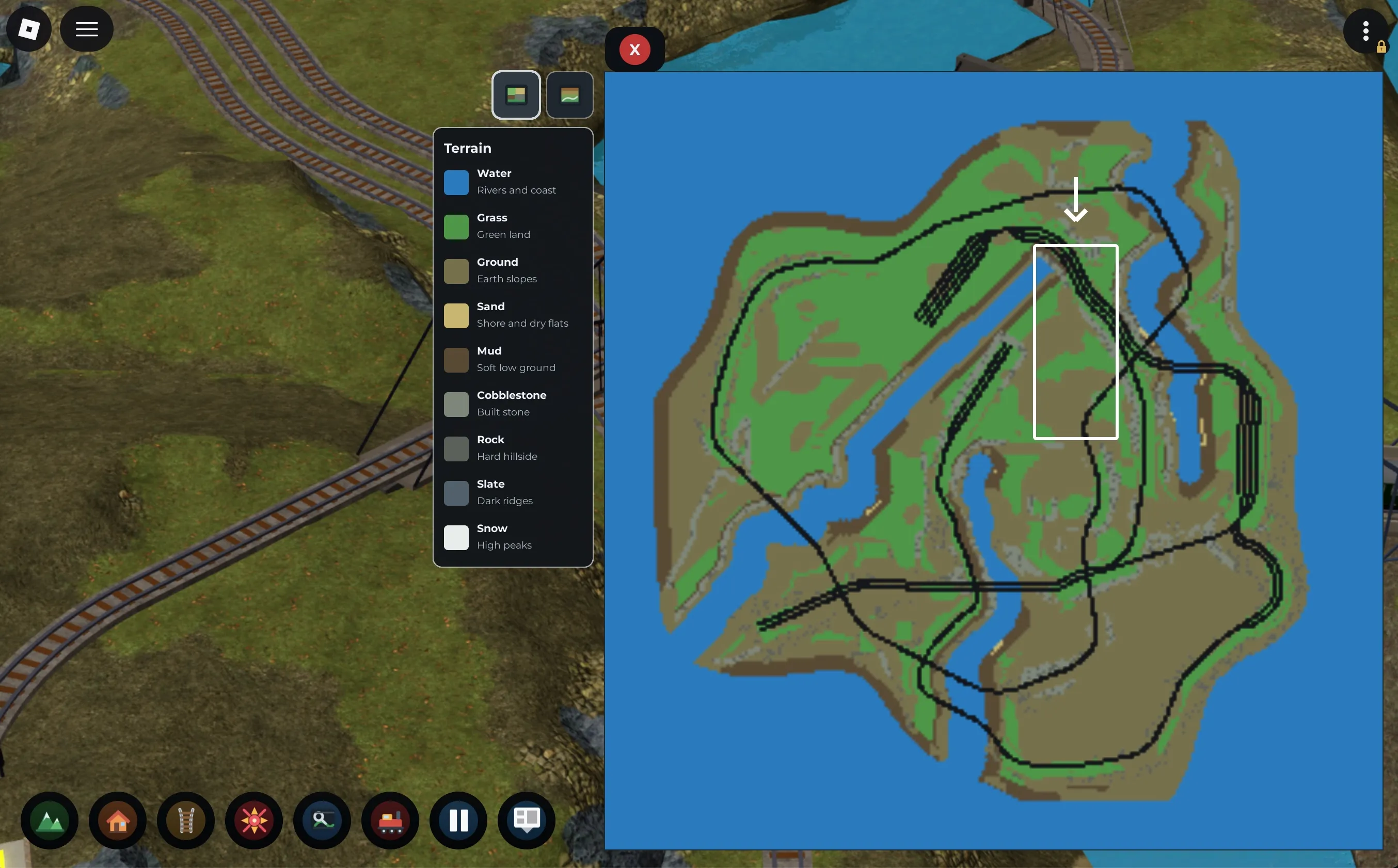 In-game terrain editor showing the material palette and a minimap of the island