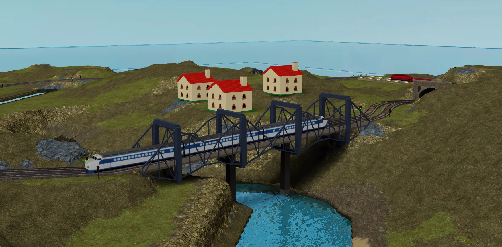 A high-speed train crossing a steel truss bridge over a river on a Rail Island map