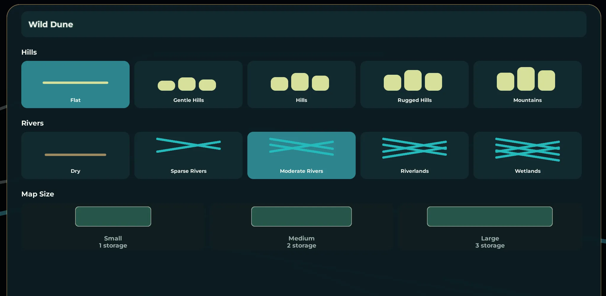 The new-island screen with Hills, Rivers and Map Size presets to choose from