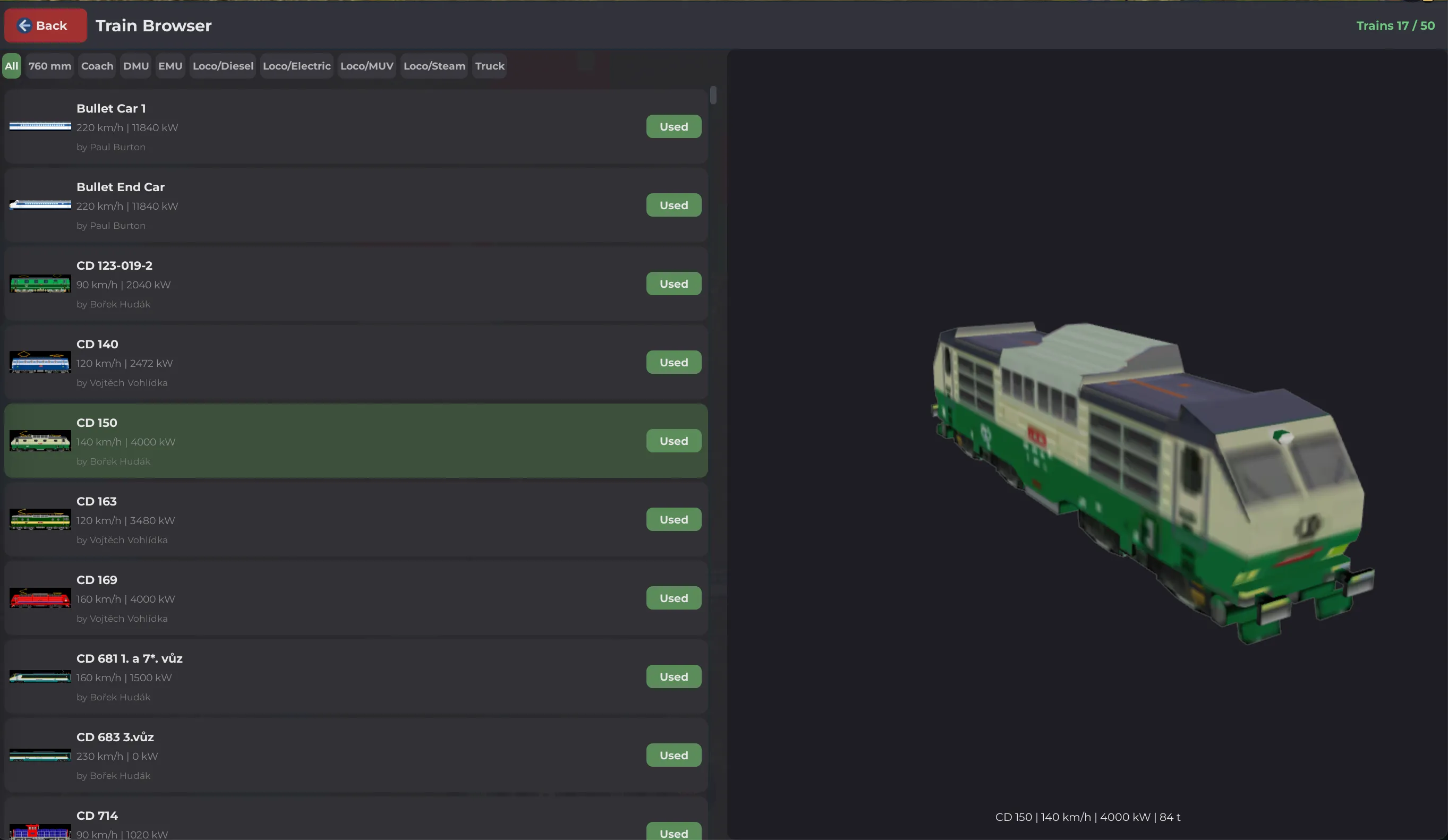 The Train Browser listing many locomotives and cars with a 3D preview of the selected train
