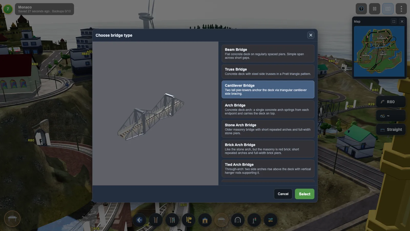The Choose bridge type screen listing the bridge styles with a 3D cantilever bridge preview