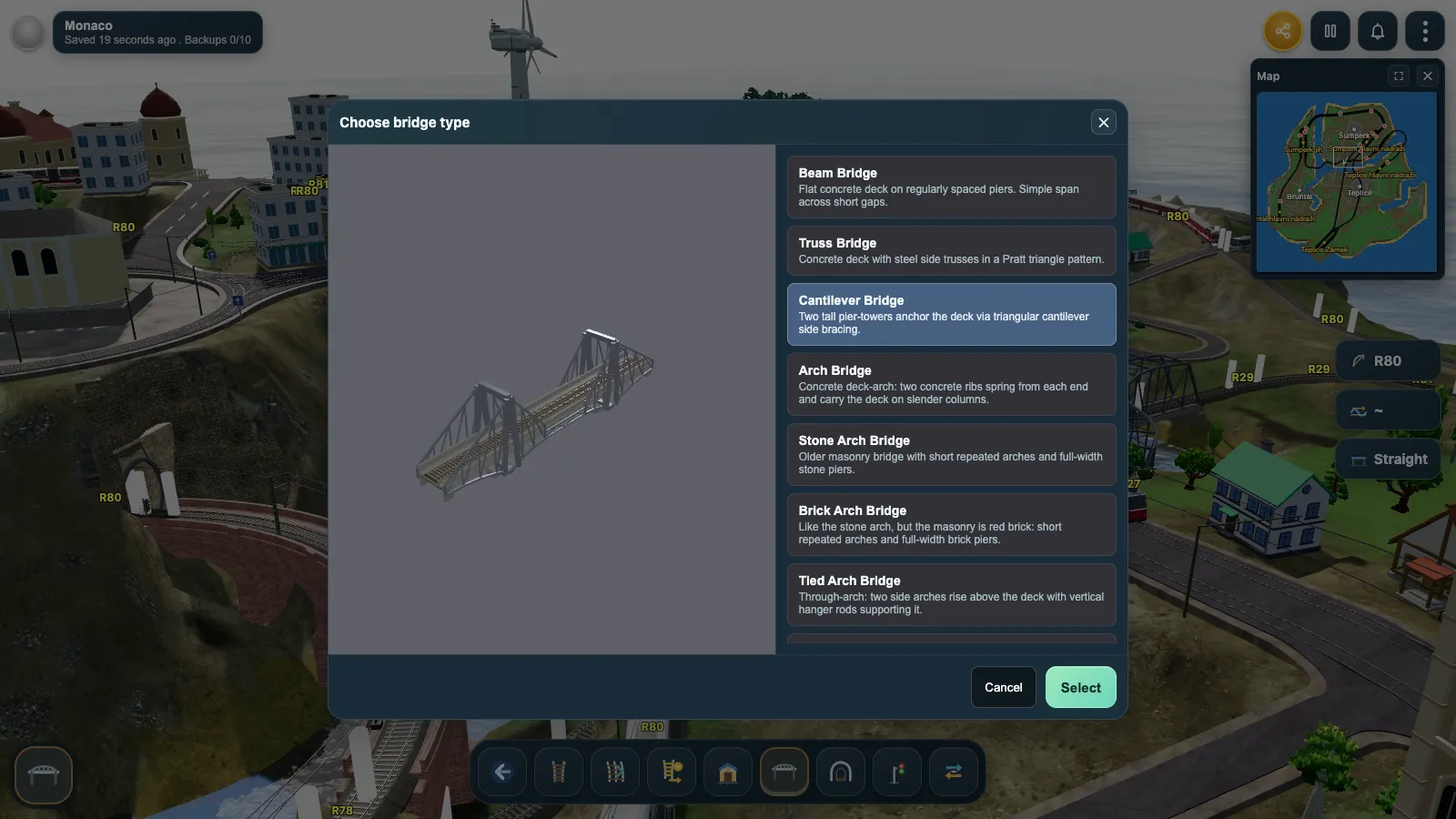 The Choose bridge type screen listing the bridge styles with a 3D cantilever bridge preview