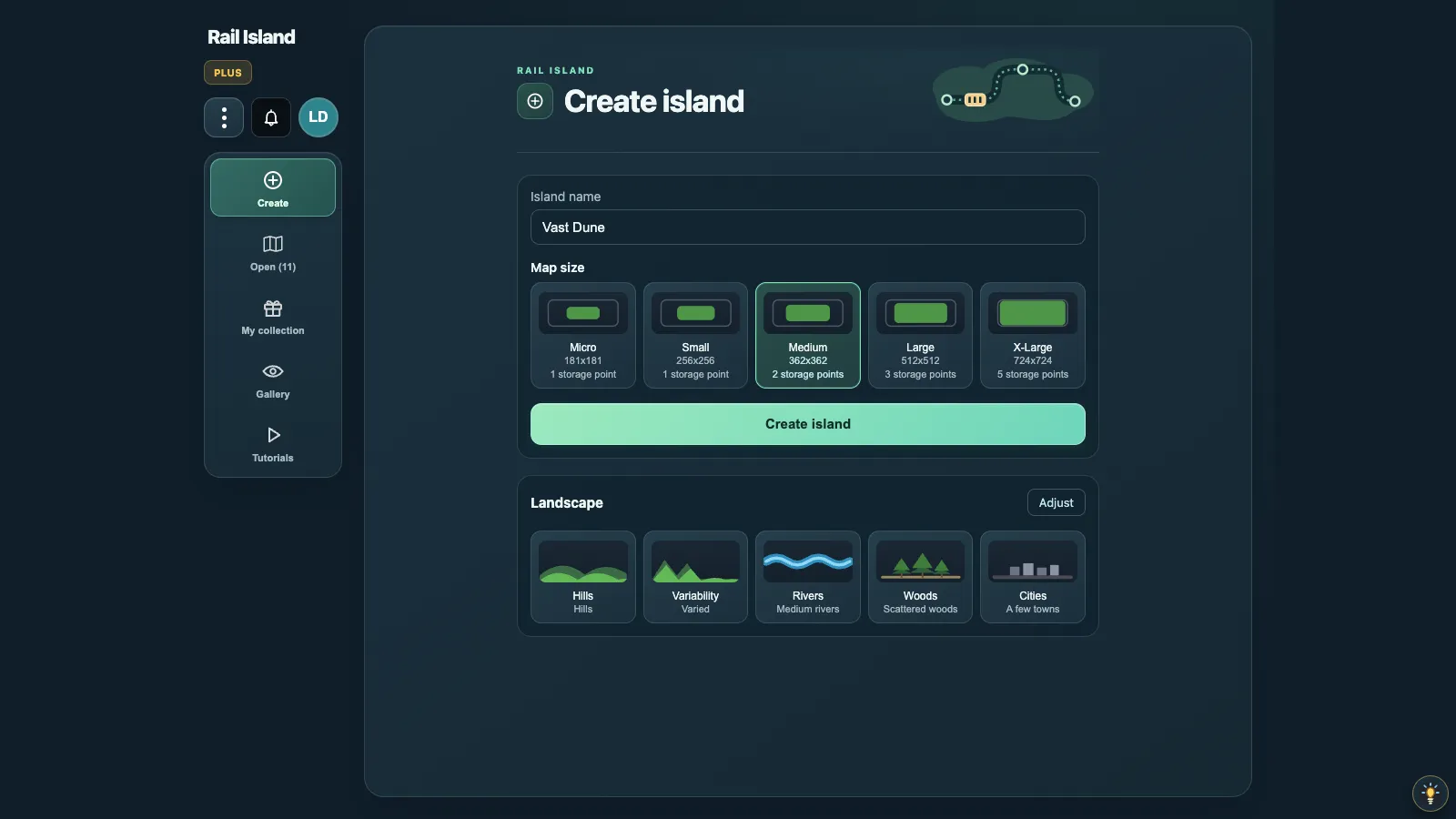 The new-island screen with Hills, Rivers, Woods, Cities and Map size presets to choose from