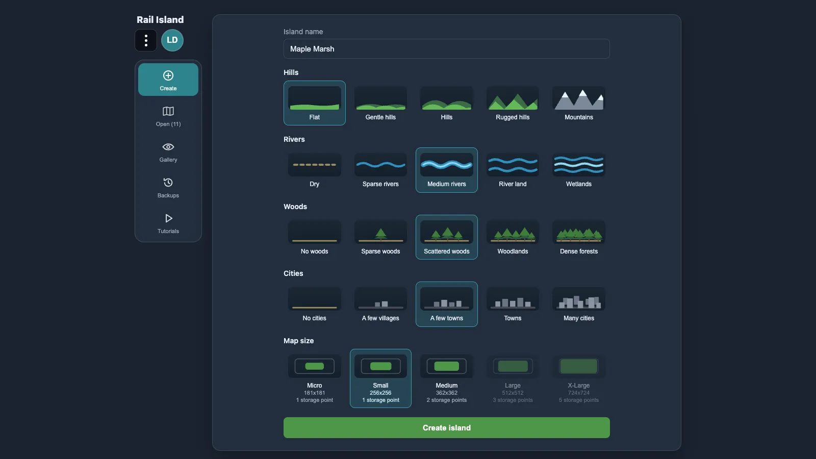 The new-island screen with Hills, Rivers, Woods, Cities and Map size presets to choose from