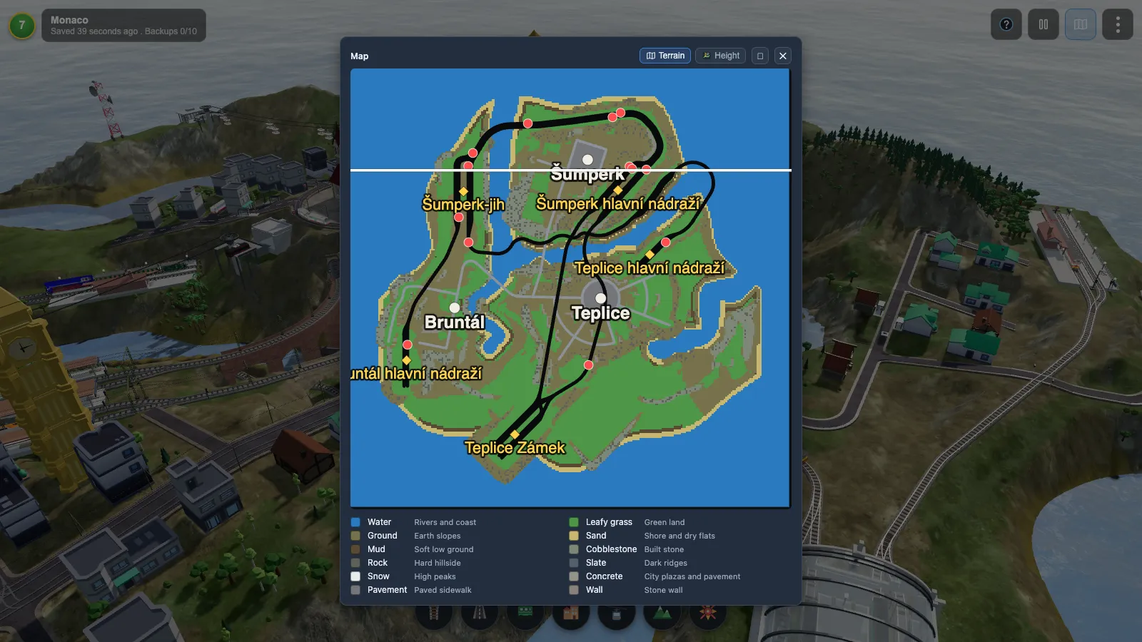 The Rail Island fullscreen map showing an island with three named towns, their street plans, the rail network and station markers