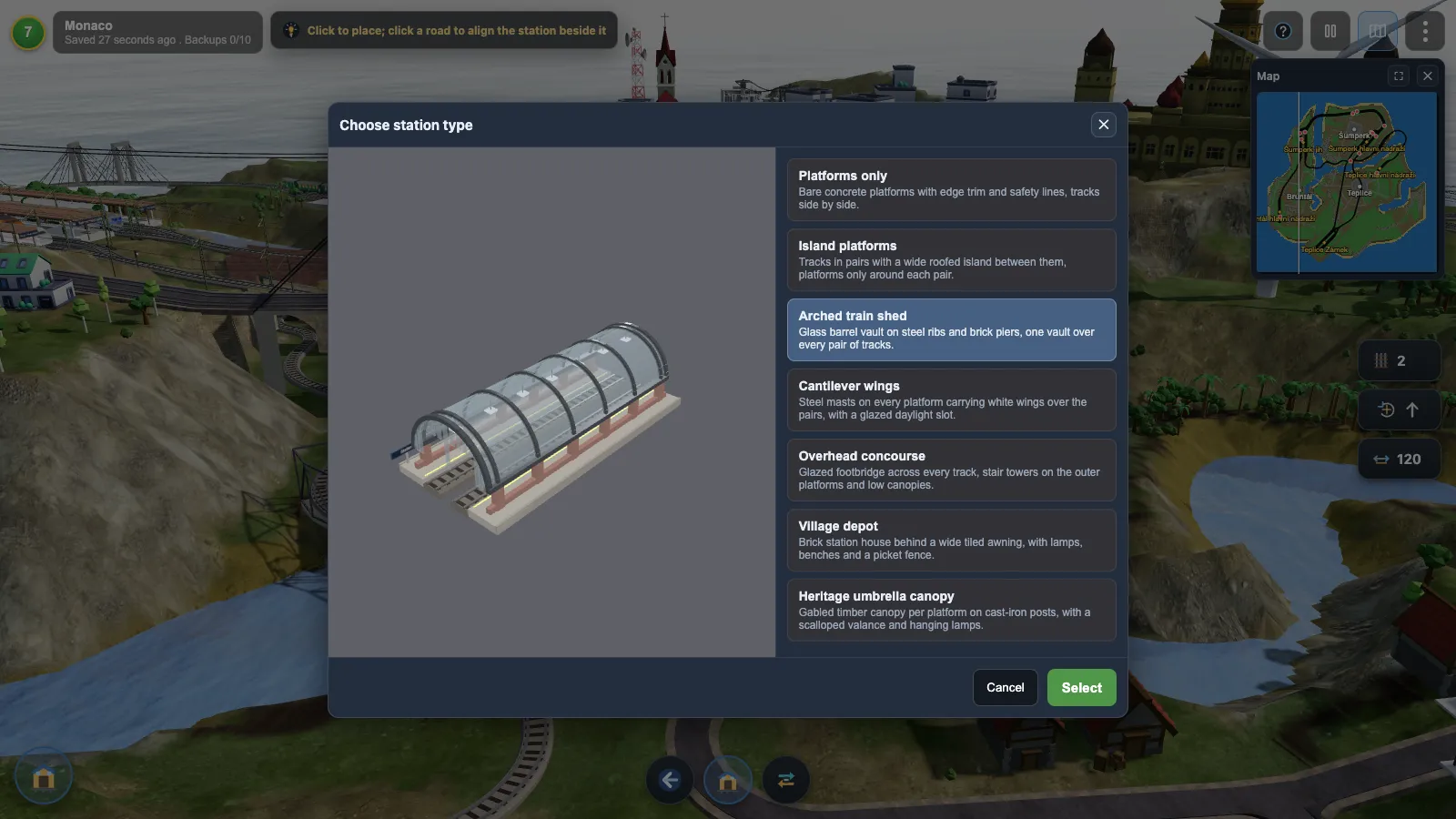 The Choose station type dialog in Rail Island with a 3D preview of a glass barrel-vault train shed