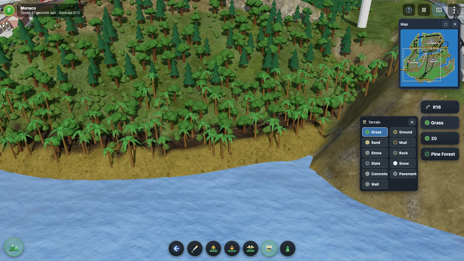 In-game terrain editor showing the material palette, the terrain brush and a minimap of the island