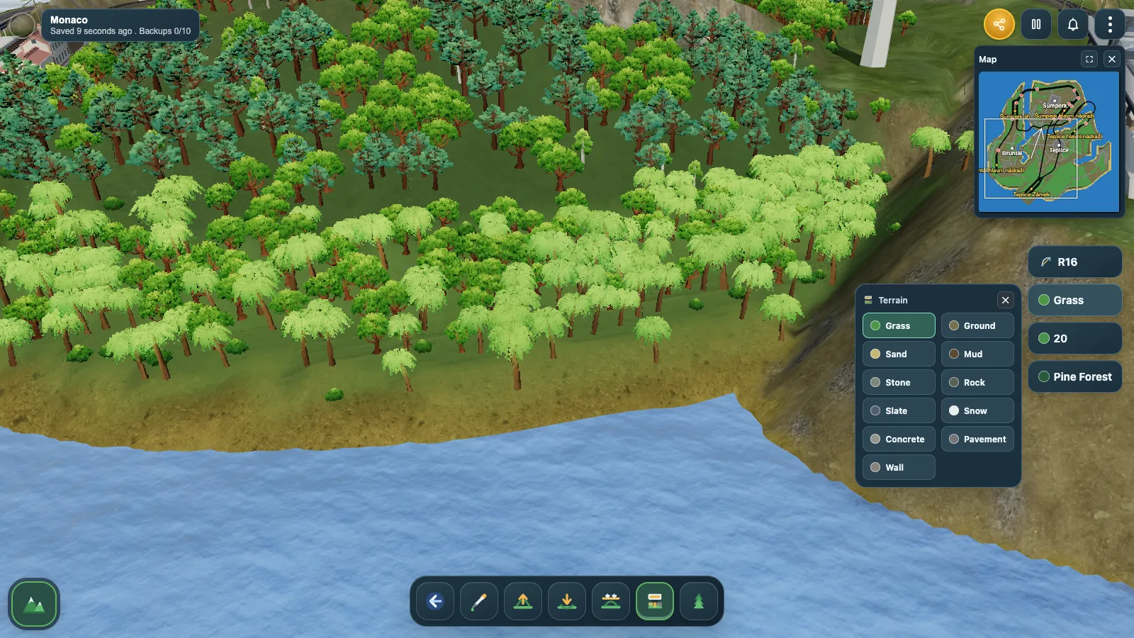 In-game terrain editor showing the material palette, the terrain brush and a minimap of the island