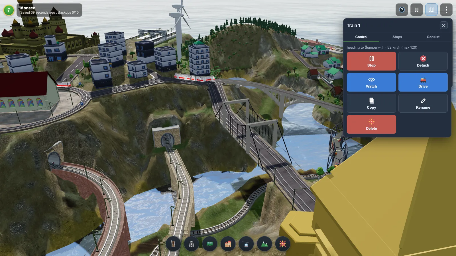 A Rail Island train board open over the island, showing the Control tab with Stop, Detach, Ignore, Watch, Drive, Copy, Rename and Delete buttons