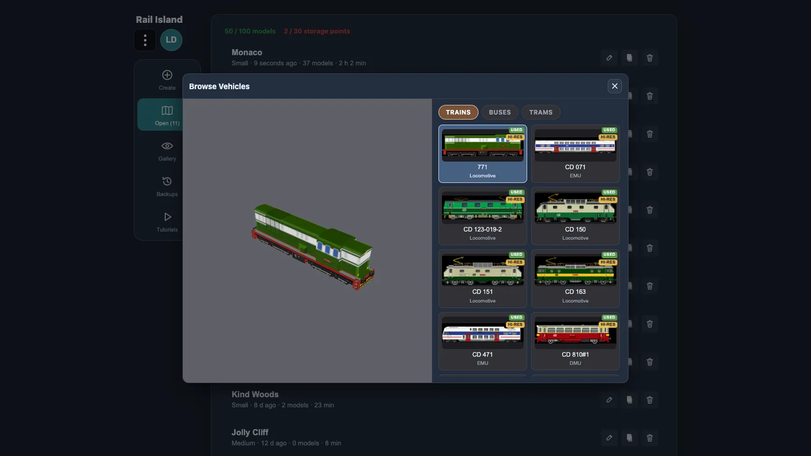 The Browse Vehicles screen listing many locomotives and cars with a 3D preview of the selected one