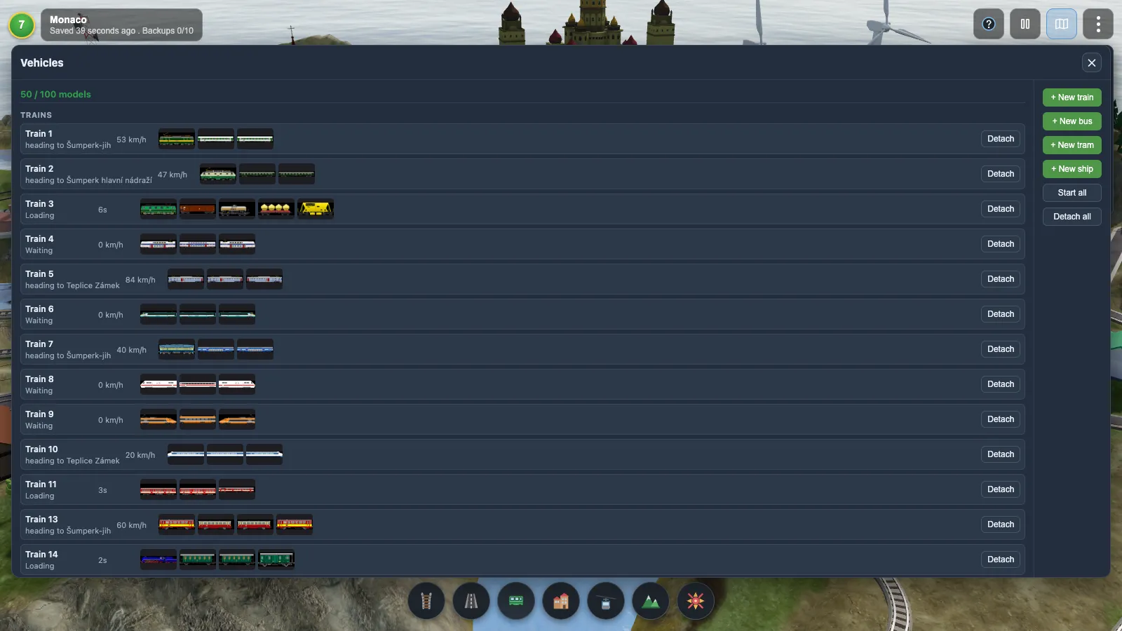 The Rail Island Vehicles board listing eleven trains and several buses with live speeds and consist thumbnails