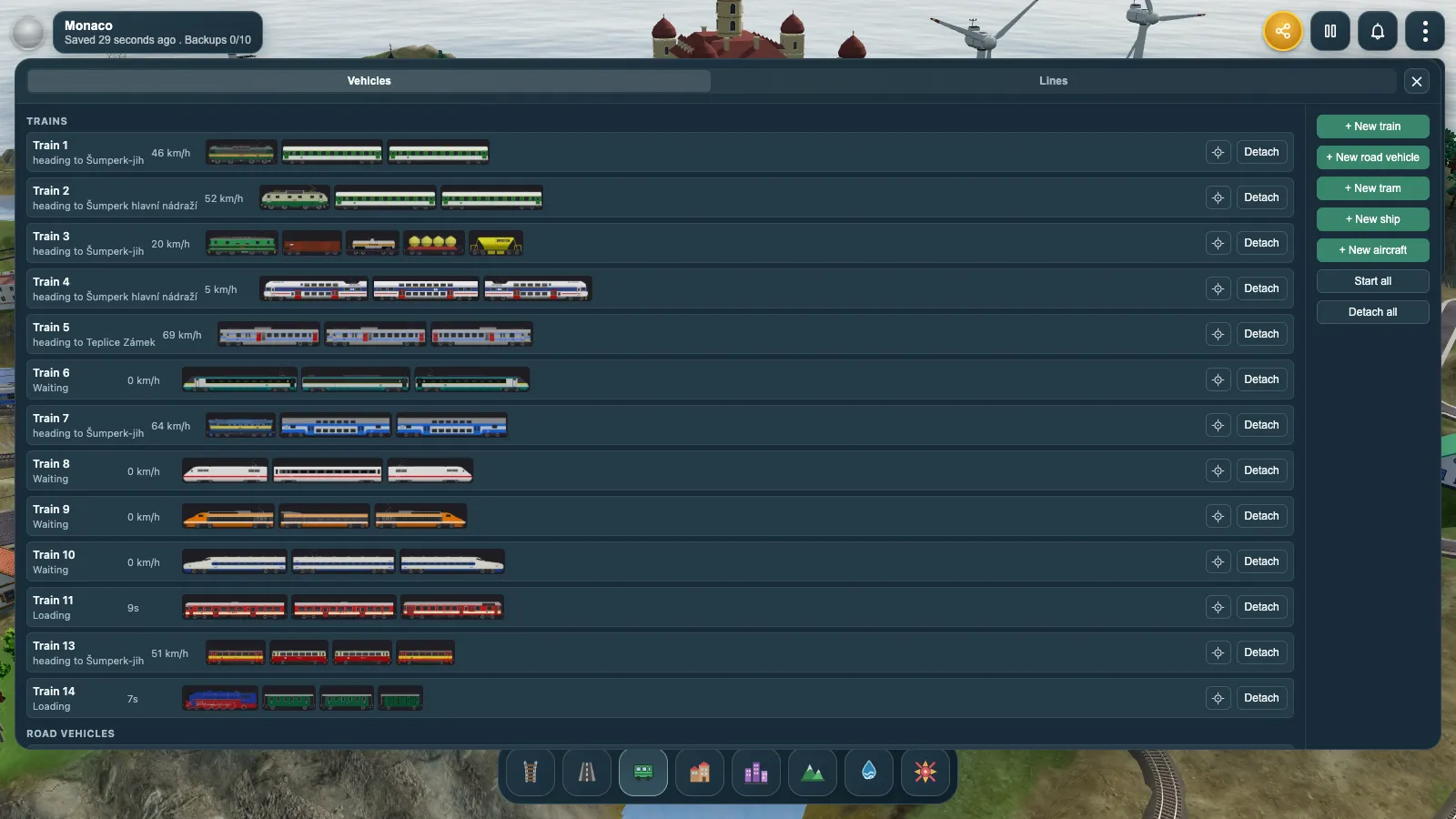 The Vehicles board listing a dozen trains, each with its live speed and the thumbnails of its whole consist