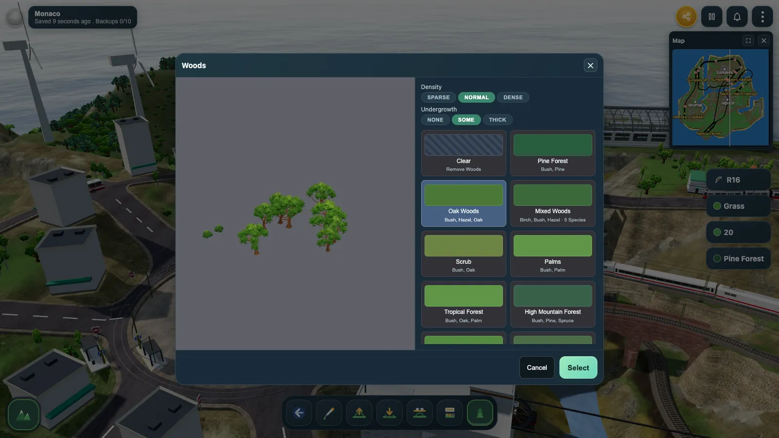 The Woods picker in Rail Island, with the woods types as cards and a grove of oaks previewed in 3D