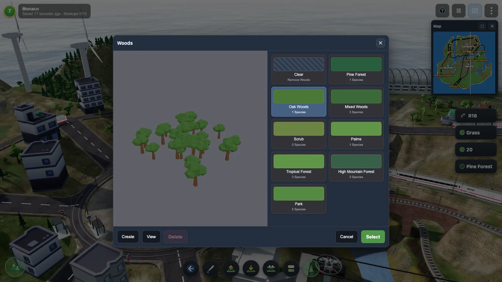 The Woods picker in Rail Island, with eight woods types as cards and a grove of oaks previewed in 3D